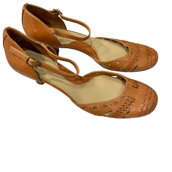 KENNETH COLE REACTION FOR J JILL Brown Leather Kitten Heel Weaved Sandals Size 7 - Picture 2 of 10